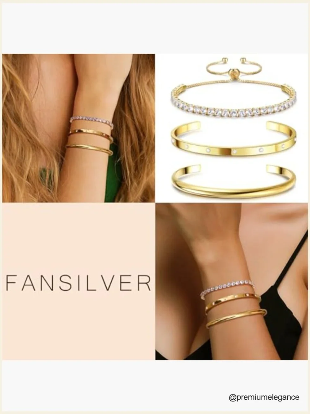 14K Gold Plated Bracelet Set 3 Pcs Chunky Cuff & Paperclip Chain Stack